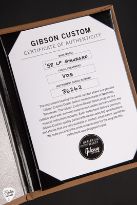 Certificate for Gibson Custom Shop Dealer Select 58 Les Paul Standard Vintage Cherry Teaburst VOS Electric Guitar