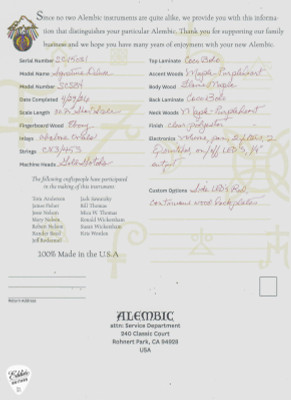 Spec Sheet for Alembic Stanley Clarke Deluxe Coco Bolo Electric Bass