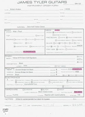 Spec Sheet for James Tyler Dann Huff Classic Yellow Electric Guitar