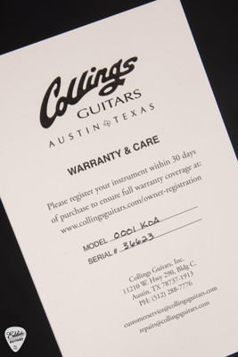 Case Card for Collings 0001 Acoustic Guitar with Old Growth Sitka Spruce and Koa