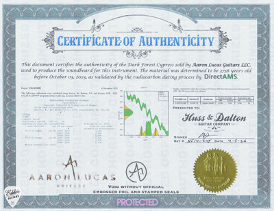 Carbon Date Certificate for Huss and Dalton FS Custom Acoustic Guitar with Dark Forest Ancient Cypress and Figured Black Walnut