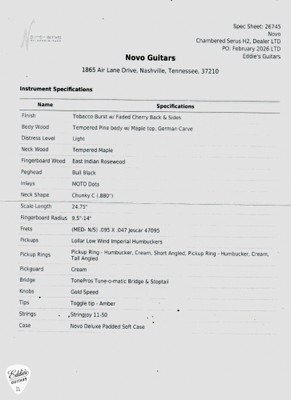 Spec Sheet for Novo Serus H2 Chambered Dealer LTD Tobacco Burst Electric Guitar
