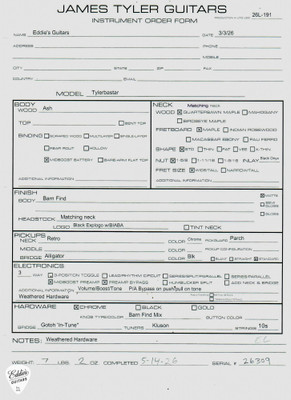 Spec Sheet for James Tyler Tylerbastar Electric Guitar in Barn Find