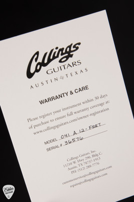 Certificate of Authenticity for Collings 03 12 Fret Adirondack Indian Rosewood Acoustic Guitar