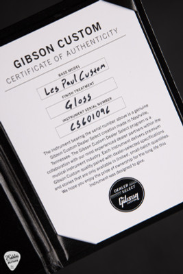 Certificate of Authenticity for Gibson Custom Shop Dealer Select Les Paul Figured Green Widow Burst Electric Guitar