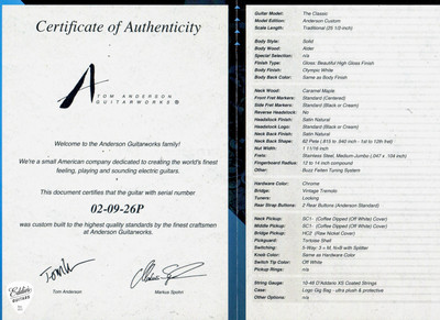 Spec Sheet for Tom Anderson The Classic Olympic White Electric Guitar