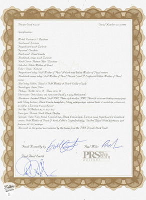 PRS Private Stock Certificate of Authenticity for Paul Reed Smith Private Stock 12147 Custom 24 Baritone Black Limba/Cocobolo Electric Guitar