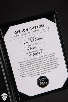 Certificate of Authenticity for Gibson Custom Shop Dealer Select Les Paul Custom Gloss Silver Sparkle Electric Guitar
