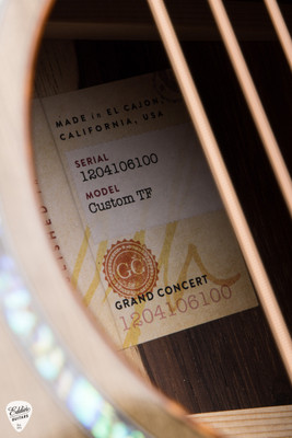 Label for Taylor Custom TF Ancient Cypress and Brazilian Rosewood Acoustic Guitar