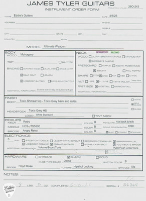 Spec Sheet for James Tyler Ultimate Weapon Toxic Shmear Top with Toxic Grey Back and Sides Electric Guitar