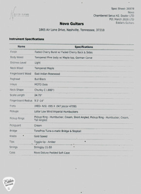 Spec Sheet for Novo Serus H2 Chambered Dealer LTD Electric Guitar in Faded Cherry Burst