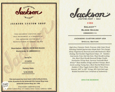 Certificate of Authenticity for Jackson Custom Shop USA Special Edition Soloist Blood Shark Summer Showcase Event Instrument Electric Guitar