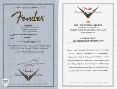 Certificate of Authenticity for Fender Custom Shop Faded Aged Custom 1951 Precision Bass Sage Green Metallic Summer Showcase Event Instrument Electric Bass