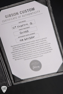 Certificate of Authenticity for Gibson Custom Shop Dealer Select Les Paul Custom 5A Quilt Tree Of Life Fireburst Electric Guitar