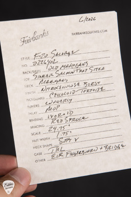 Spec Card for Fairbanks F20 Salvage Acoustic Guitar in Burst with Sinker Sitka Spruce and Old Mahogany