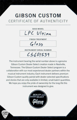 Certificate of Authenticity for Gibson Custom Shop Dealer Select Les Paul Ultima Tree of Life Cobra Burst Electric Guitar
