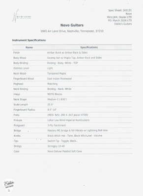 Spec Sheet for Novo Maple Top Miris JHH Dealer LTD  Amber Burst Electric Guitar
