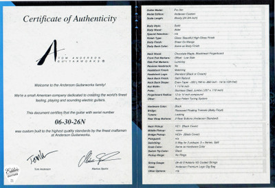 Certificate of Authenticity and Spec Sheet for Tom Anderson Pro Am Shorty Sheer Go Mango Electric Guitar