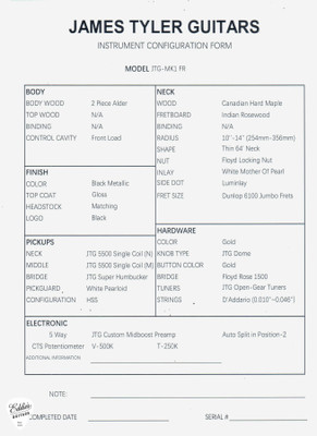 Spec Sheet for James Tyler JTG MK1 Black Metallic Electric Guitar