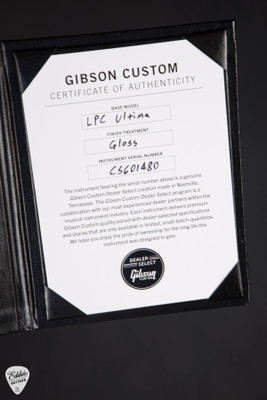 Certificate of Authenticity for Gibson Custom Shop Dealer Select Les Paul Ultima 5A Tree of Life Nordic Blue Electric Guitar