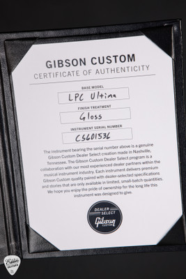 Certificate of Authenticity for Gibson Custom Shop Dealer Select Les Paul Ultima 5A Tree of Life Nordic Blue Electric Guitar