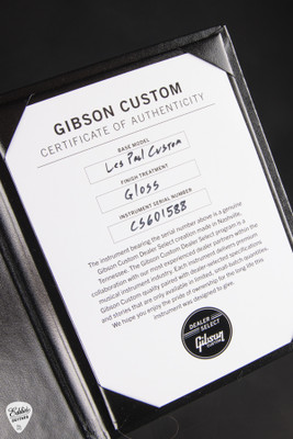 Certificate of Authenticity for Gibson Custom Shop Dealer Select Les Paul Custom 5A Quilt Tree Of Life Cobra Burst Electric Guitar