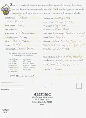 Spec Sheet for Alembic Further 6 Buckeye Burl Resin Top Electric Guitar