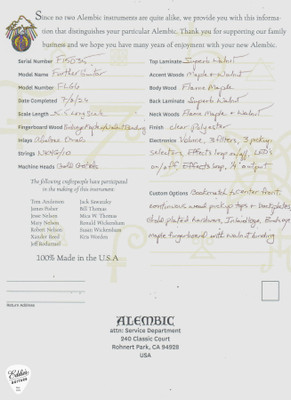 Spec Sheet for Alembic Further 6 Walnut Flame Maple Electric Guitar