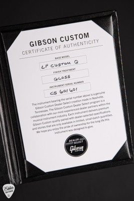 Certificate of Authenticity for Gibson Custom Shop Dealer Select Les Paul Custom 5A Quilt Tree Of Life Cobra Burst Electric Guitar