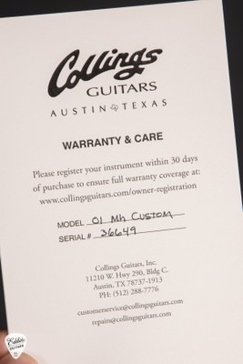 Certificate of Authenticity for Collings 01 Mh Honduran Mahogany Jet Black Acoustic Guitar