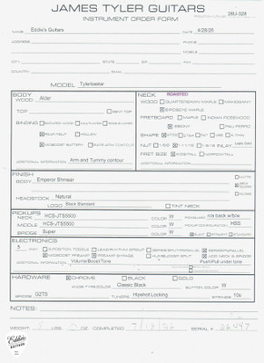 Spec Sheet for James Tyler Tylerbastar Emperor Shmear Electric Guitar