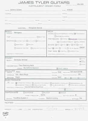 Spec Sheet for James Tyler Mongoose Special Sanctuary Shmear Electric Guitar