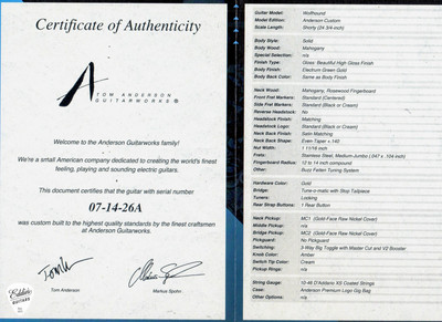 Certificate of Authenticity for Tom Anderson Wolfhound Electrum Green Gold Electric Guitar