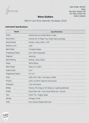 Spec Sheet for Novo Maple Top Miris JHH Dealer LTD Pelham Burst with Amber Back and Sides Electric Guitar