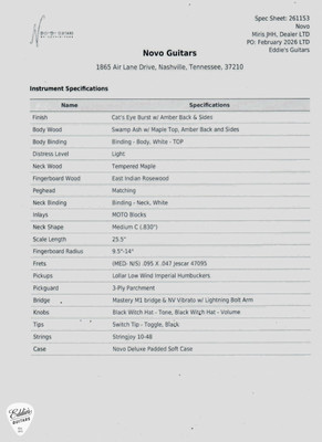 Spec Sheet for Novo Maple Top Miris JHH Dealer LTD Cats Eye Burst with Amber Back and Sides Electric Guitar