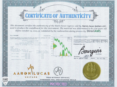 Carbon Date Certificate for Bourgeois SJ C Multi Scale Acoustic Guitar with Dark Forest Ancient Cypress and Roadkill Maple