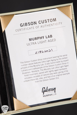 Certificate of Authenticity for Gibson 1942 Banner J 45 Light Aged Vintage Sunburst Acoustic Guitar