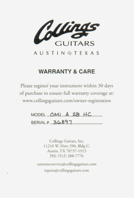 Warranty and Care for Collings OM1A Hill Country Sunburst  Adirondack Spruce and Honduran Mahogany