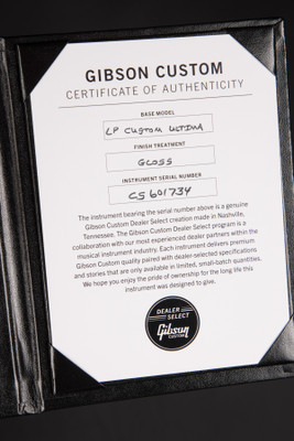 Certificate of Authenticity for Gibson Custom Shop Dealer Select Les Paul Ultima Tree of Life Iguana Burst Electric Guitar