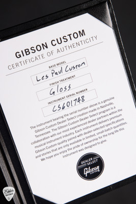 Certificate of Authenticity for Gibson Custom Shop Dealer Select Les Paul Custom 5A Quilt Tree Of Life Cobra Burst Electric Guitar