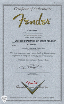 Certificate of Authenticity for Fender Custom Shop 50s Dualmag II Stratocaster Relic Blue Sparkle Electric Guitar