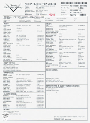Fender Custom Shop Masterbuilt Limited Edition 70th Anniversary 1954 Stratocaster Deluxe Closet Classic - 2 Tone Sunburst #XN4698 Specification Sheet