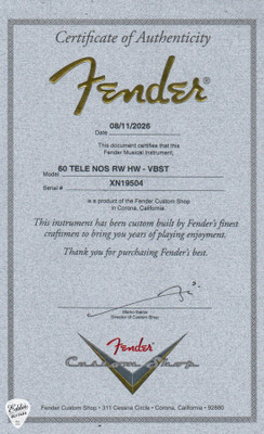 Certificate of Authenticity for Fender Custom Shop 60 Telecaster NOS Violin Burst Electric Guitar