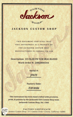 Certificate of Authenticity for Jackson Custom Shop SL2H Soloist Murder William Graffiti Yellow with Bloodsplatter Electric Guitar