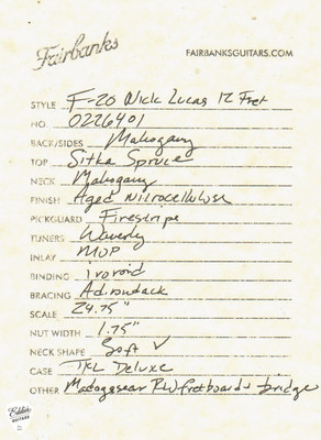 Spec Sheet for Fairbanks F 20 Nick Lucas 12 Fret Acoustic Guitar with Sitka Spruce and Mahogany in Aged Black