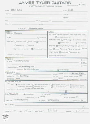 Spec Sheet for James Tyler Mongoose Special Tuckerberry Shmear Electric Guitar