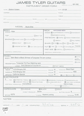 Spec Sheet for James Tyler Studio Elite Satin Black with Black Shmear with Turquoise Tint Electric Guitar