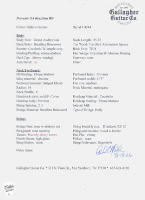 Spec Sheet for Gallagher Provenir Grand Auditorium Acoustic Guitar with Adirondack Spruce and Brazilian Rosewood in Sunburst