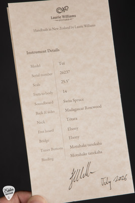 Spec Sheet for Laurie Williams Tui Acoustic Guitar with Swiss Spruce and Madagascar Rosewood