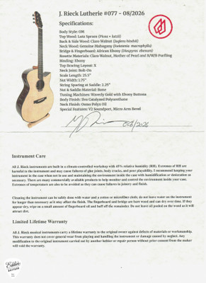 Spec Sheet for J Rieck OM Acoustic Guitar with Lutz Spruce and Claro Walnut